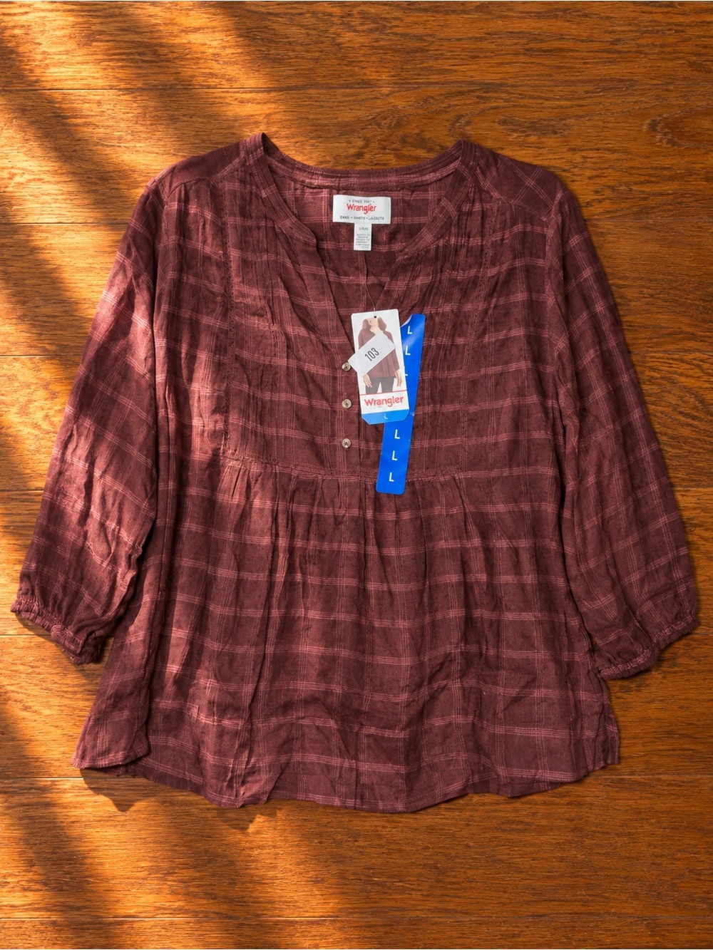 Wrangler Women's Wine Plaid Button-Front Peasant Top Sz L NWT